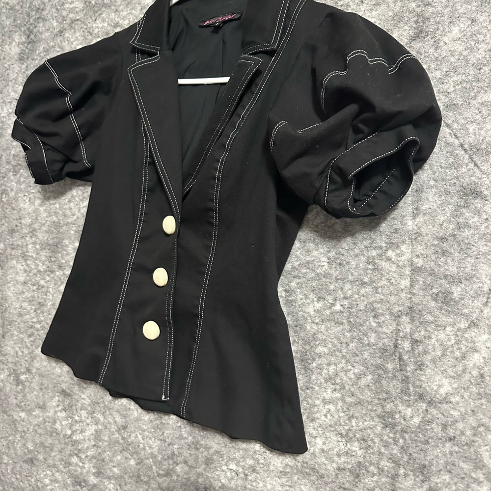 Betsey Johnson Jacket Top Peplum Black 2 Short Sleeves Buttons Retro Classic - Picture 12 of 12